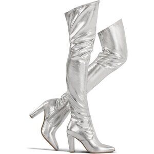 Women Silver Suede Stretch Thigh High Over The Knee Chunky Heel Pointed Toe Boot